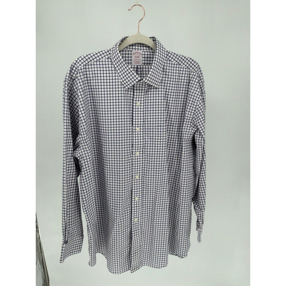 Brooks Brothers Traditional Non-Iron Stretch Shirt Blue White Check 17.5 34